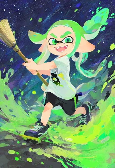 running inkling holding broom sized art brush sliding across ground, solo, fangs, smiling, night sky, green ink, paint on bristles of brush