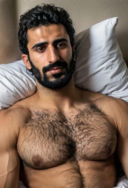 A hairy chested fit Syrian man in bed