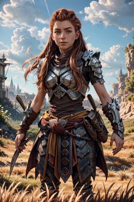 (masterpiece, best quality)
1girl, AloyHorizon, solo, long hair, brown hair, hair ornament, gloves, standing, weapon, braid, red hair, outdoors, sky, day, sword, orange hair, armor, grass, shoulder armor, sheath, pauldrons
<lora:epi_noiseoffset2:1>  <lora:add_detail:0.7>  <lora:AloyHorizon:0.8>