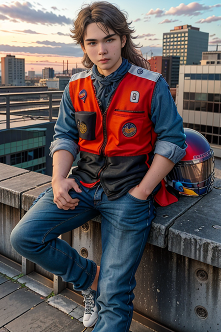 best quality, ultra high res, solo, mid body, a man is 18 years old , long hair, <lora:winmotorcyc:1>, jeans, emphasize the focus on the face , View from Portrait, looking straight at the camera, Left hand holding a classic helmet , (city background),