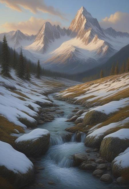 "Mountain Range at Dawn with Snow Peaks"
Painters: Ivan Choultse (pristine, snowy mountains, rich textures), Alexander Volkov (soft lighting, mountain shadows), Diego Fazio (fine detailing on textures).
Description: Towering mountain peaks bathed in dawn light, with snow-covered slopes that shimmer in the early sun. Foreground rich with moss-covered rocks and icy streams that showcase immense texture and realism.