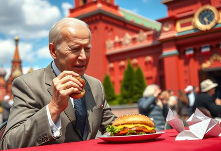 Joe Biden eating burger in Russia, outside, the red square, realistic, ultra-detailed,