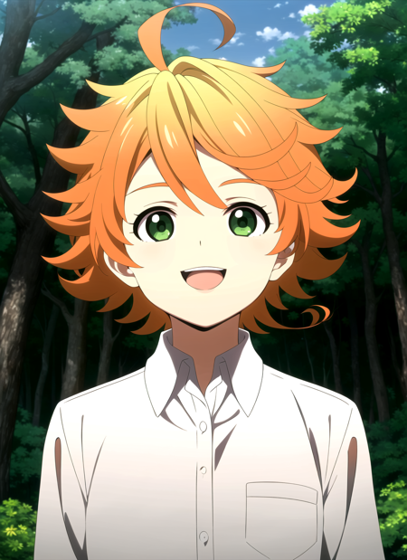 promisedNeverland <lora:promisedNeverland_offset:1>, masterpiece, best quality, 1girl, shirt, green eyes, solo, forest, white shirt, number tattoo, nature, short hair, looking at viewer, orange hair, tree, smile, ahoge, upper body, open mouth, outdoors, collared shirt