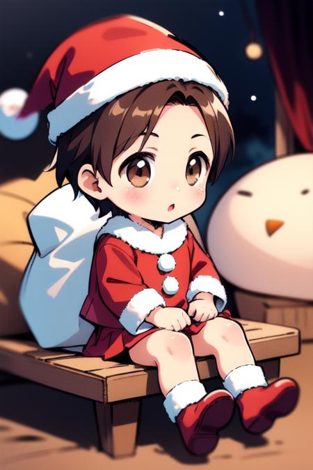 <lora:rokujoumugi:0.8> rokujoumugi, 1girl, solo, short hair, brown hair,  brown eyes,  child, chibi,
Christmas, SantaClaus, hat, night, starry sky, sitting,
masterpiece, high quality, very_high_resolution, large_filesize, full color,