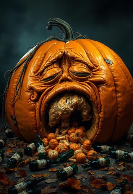 Enormous orange pumpkin with a tired, worn-out expression, sitting on the ground as it vomits its own pumpkin guts. Empty beer bottles scattered around, as if it just had a long night of drinking. The scene is dimly lit, with autumn leaves on the ground, giving off a humorous yet slightly grotesque atmosphere. The pumpkin’s vines are limp, and its color is a bit faded from exhaustion.
