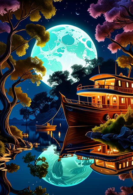 Paradise by night, full illuminating moon, reflection, a boat, shadow trees, glowing, masterpiece, best quality, double exposure, realistic, whimsical, fantastic, splash art, intricate detailed, hyperdetailed, maximalist style, photorealistic, concept art, sharp focus, harmony, serenity, tranquility, mysterious glow, soft colors, ambient occlusion, halation, cozy ambient lighting, dynamic lighting,masterpiece, liiv1, linquivera, metix, mentixis, masterpiece, award winning,