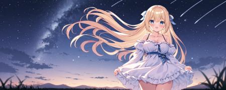 official art,1girl, solo, sky, a cute girl, long blonde hair, (one side up:1.2), blue eyes, (large breasts:1.14), curvy, outdoors, star (sky), white off-shoulder babydoll, shy, blush, starry sky, long puffy sleeves, cloud, bare shoulders, frills, night, grass, thick thighs, (open mouth:0.7), happy, hair white-ribbon, depth of field, scenery, distant building, distant city, frilled dress, blurry foreground, night sky, shooting star, standing, hair bow, sunset, sleeves past wrists, collarbone, cloudy sky