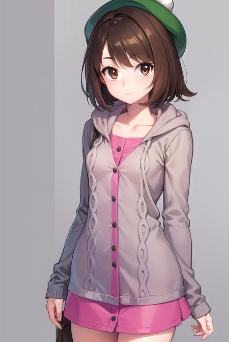 pokemongloria, <lora:pokemongloria-lora-nochekaiser:1>,
pokemongloria, (brown eyes:1.5), brown hair, medium hair, (small breasts:1.2),
BREAK cardigan, dress, green headwear, grey cardigan, hood, hood down, hooded cardigan, long sleeves, pink dress, short dress,
BREAK looking at viewer, full body, upper body,
BREAK outdoors, city, sky,
BREAK <lyco:GoodHands-beta2:1>, (masterpiece:1.2), best quality, high resolution, unity 8k wallpaper, (illustration:0.8), (beautiful detailed eyes:1.6), extremely detailed face, perfect lighting, extremely detailed CG, (perfect hands, perfect anatomy),