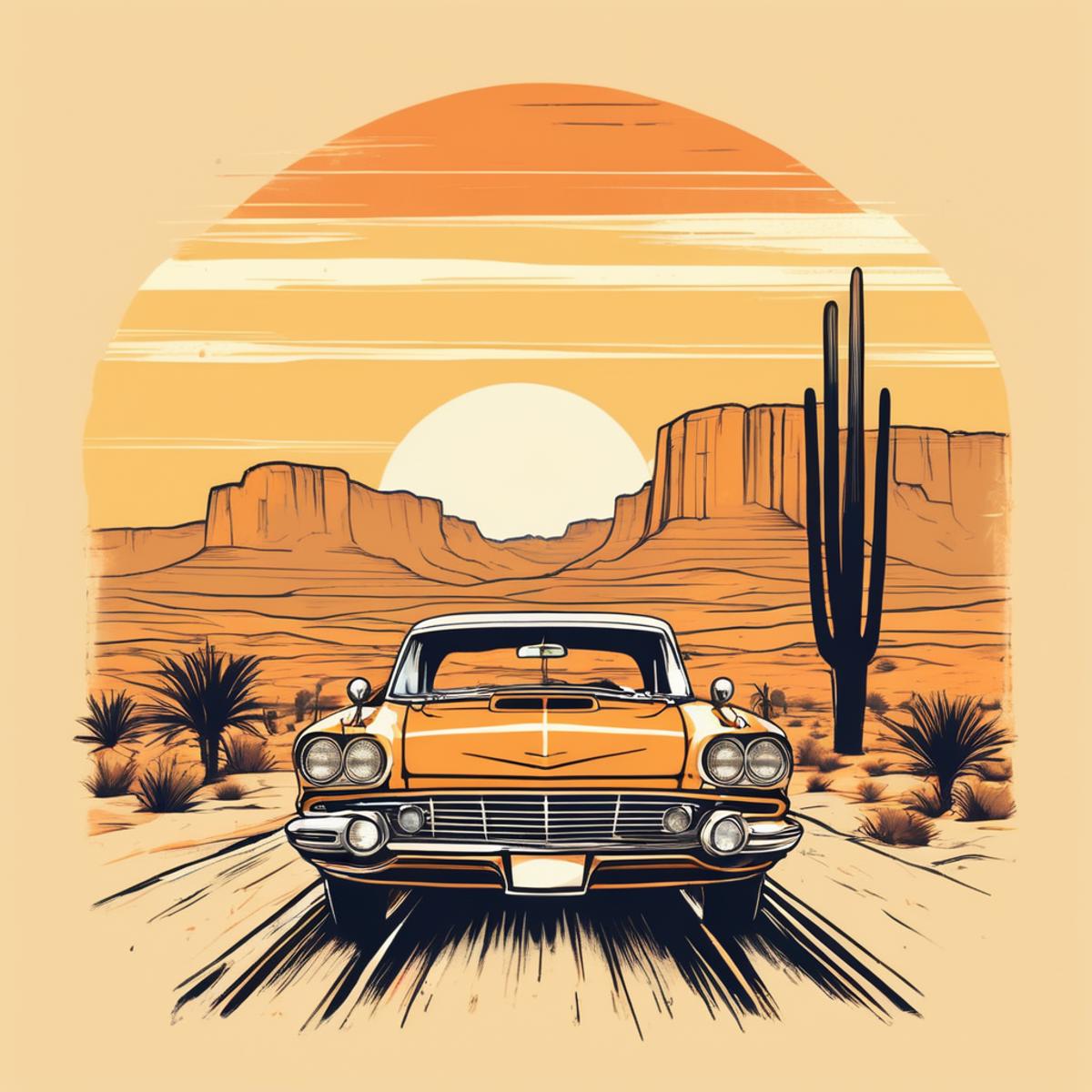 A vintage car driving down a desert road at sunset.