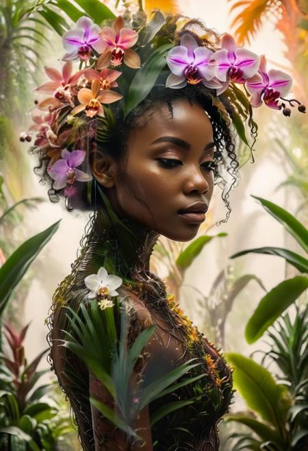 double exposure, elegant BLACK woman's outline entwined with jungle foliage, LOOKING AT THE CAMERA, vibrant bursts of orchids and bromeliads, intricate layered plant textures, soft bokeh highlights in background, ethereal blending of human and botanical forms, earthy warm color tones