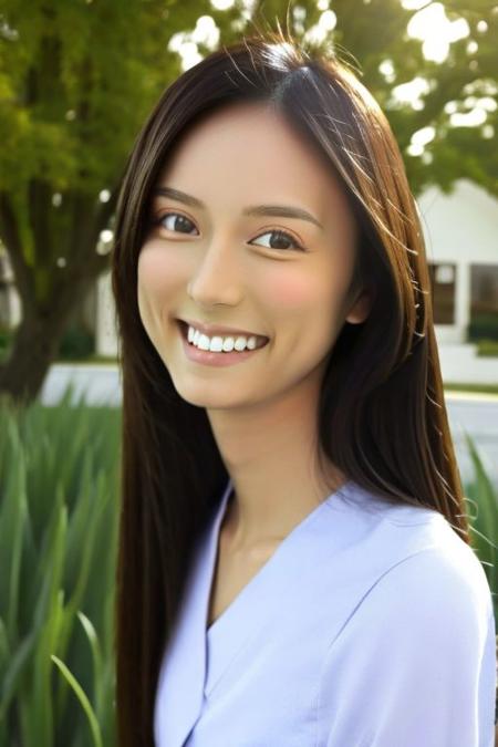 A Beautiful asian Woman, Outdoor, Mid-twenty , Shy, Backlight, masterpiece,bestquality,highlydetailed,ultra-detailed, realistic, photorealistic, small mouth, double eyelids, smile lines, Straight hair, fair skin, light brown hair, symmetrical eyes, detailed eyes, detailed iris, long eyelashes, slender, small breast, small eyes