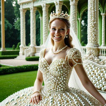 lazypos, highly detailed and hyper realistic, Ultrarealistic, sharp focus, Pearlum, dynamic lighting,  best quality, amazing beautiful graceful princess, nice smile, wearing wedding dress made of pearls, small crown made of pearls, in the green palace park, summer