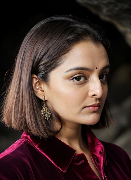 portrait of skswoman, neutral , wearing velvet , with French bob , background cave epic (photo, studio lighting, hard light, sony a7, 50 mm, matte skin, pores, colors, hyperdetailed, hyperrealistic), <lyco:Manju Warrier:1.0>