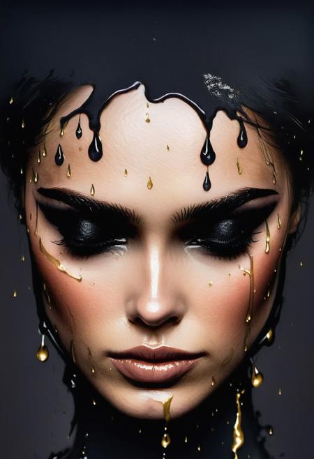 RAW profile photo, close-up, dark atmosphere, crying with tears made of gold, masterpiece, cinematic film still of a blonde beautiful woman, detailed skin, freckles ,eyeliner, dark lipstick, black lace turtleneck dress, skin pores, tack sharp focus on eyes, Sensual, lustful, seductive,  intricate, ultra detailed, 8k, <lora:MS_DitavT_V1_32:0.6>
