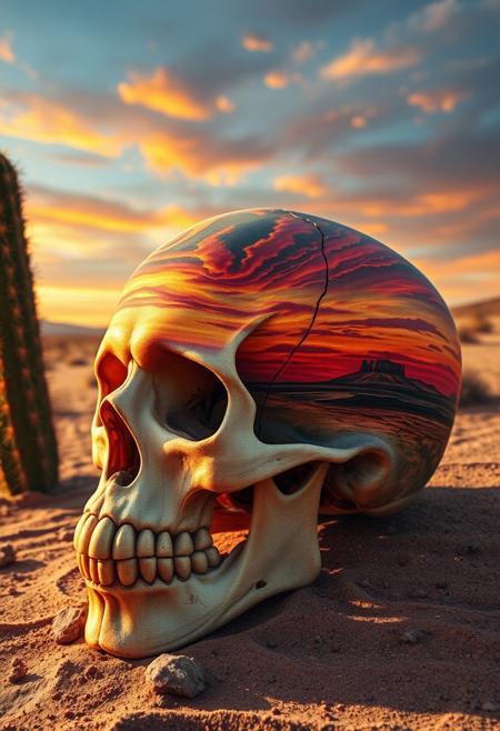 A human skull sits on the desert ground next to a cactus, its surface transformed into a canvas of vivid, western-themed art, tells the story of the sunset. The painting, rendered in exquisite detail, features the vast, sweeping expanse of the American West. Every brushstroke is meticulously captured, from the delicate, swirling patterns of the clouds to the tiny, shimmering sparkles on the sand. The overall effect is one of haunting, surreal beauty, as if the very essence of the American frontier has been distilled into this transformed skull, turning something once macabre into a masterpiece of western art. highest-Quality, intricate details, visually stunning, Masterpiece