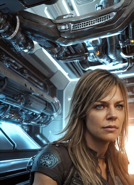 close up photo of sks woman, rugged space trucker, inside industrial spaceship, futuristic science fiction, action scene, digital concept art, realistic, intricate detailed textures, filmic, cinematic, environmental character portrait, <lora:locon_kaitlin_v1_from_v1_64_32:1.25>