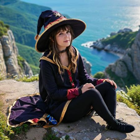 megum1nc0splay, sitting on the cliff, young european woman, detailed wizard hat, best quality, masterpiece, 8k resolution