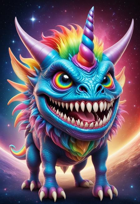 masterpiece,ultra-high resolution,incredible composition,extremely detailed, RainbowUnicornStyle
monster  with googly eyes, sharp teeth, rage extraterrestrial inside it, in space. made of enchanted  Macabre made of RainbowUnicornStyle