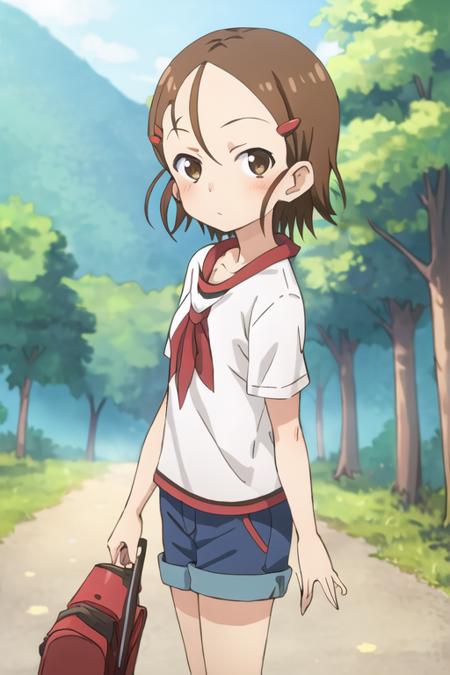 1girl, yukari_tenkawa, brown eyes, short hair, brown hair, hairclip, hair ornament, forehead, shirt, short pants, looking at viewer, forest <lora:yukari_tenkawa:0.7>