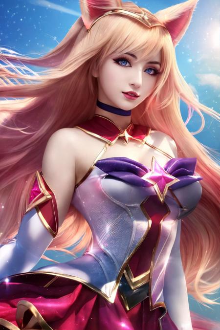 1girl, ahri a fox woman with long blonde hair wearing a white and pink dress, fox ears, attractive face, expressive look, closed mounth, shining blue eyes, wide hips, pink space, sailor moon style, detailed background, (masterpiece:1.2, best quality), upper body, cowboy shot, high quality