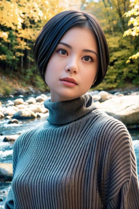 1girl,(wearing turtleneck sweater:1.2),(RAW photo, best quality), (realistic, photo-realistic:1.4), masterpiece, an extremely delicate and beautiful, extremely detailed, 2k wallpaper, Amazing, finely detail, extremely detailed CG unity 8k wallpaper, ultra-detailed, highres, soft light, beautiful detailed girl, extremely detailed eyes and face, beautiful detailed nose, beautiful detailed eyes,cinematic lighting,(autumn scenery:1.3),(by a small rocky river),(morning light),perfect anatomy,<lora:ramu_lora:0.8>,(short hair),big breasts