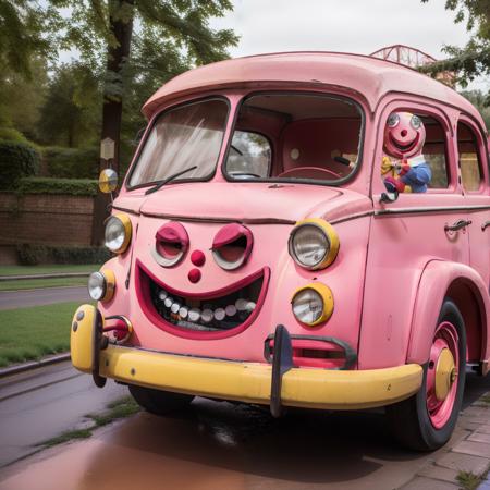 RAW photo, analog style, Mr_Blobby, solo, fixing a jalopy car <lora:Mr_Blobby:0.65>, masterpiece, 8k, highly detailed, ((HDR))