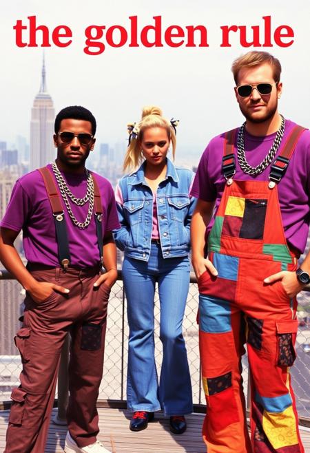 1991 RnB music album art cover, album titled "the golden rule", photograph of two lead singers on a peer in New York with Manhattan in the background. Both singers wear similar clothes, a purple tshirt, large chainlink necklaces and bright colorful patchwork overalls, both with hairstyles reminiscent of the end of the 1980s. The singer on the right is a tall blond guy, his chin is pointy, he has a full trimmed beard and wears square sunglasses. The singer on the left is a slightly shorter brown haired man with a long face wearing round sunglasses. On the same wooden peer, behind the singers, a blonde petite woman with a ponytail attached with multiple ribbons is wearing a pink and blue denim jacket. Everybody is posing for the camera.