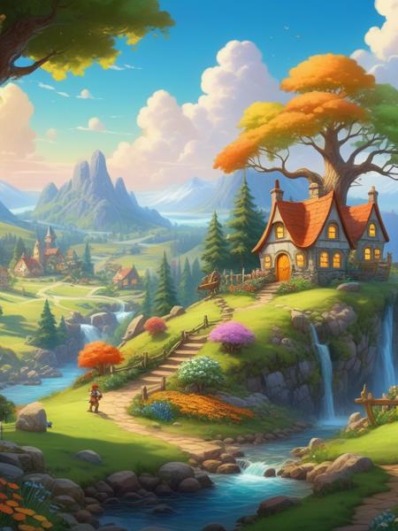 <lora:SS02ImpressionisticPainting_Hap_XL:1.2>,Thomas Kinkade style, animated, harvest lands, fantasy landscape, blue sky, white clouds, cartoon animals, fantasy trees, colorful flowers, green grass, game title logo, orange-yellow logo,, anthropomorphic characters, playful composition, clear weather, creature design, fictional characters, hilltop scene, outdoor setting, adventure theme, cute design, friendly atmosphere, foliage, bright palette, panoramic view, side-scrolling perspective, whimsical, lush vegetation, nature scene, cheerful aesthetic, smooth textures, rounded shapes, 2d illustration, art for children, engaging visuals, game title banner, inviting landscape, grassy terrain, imaginary creatures, playful fantasy elements, cheerful game art, family-friendly game, character lineup, game interface design, lush game backdrop, normal quality, displeasing, early, cartoon style,