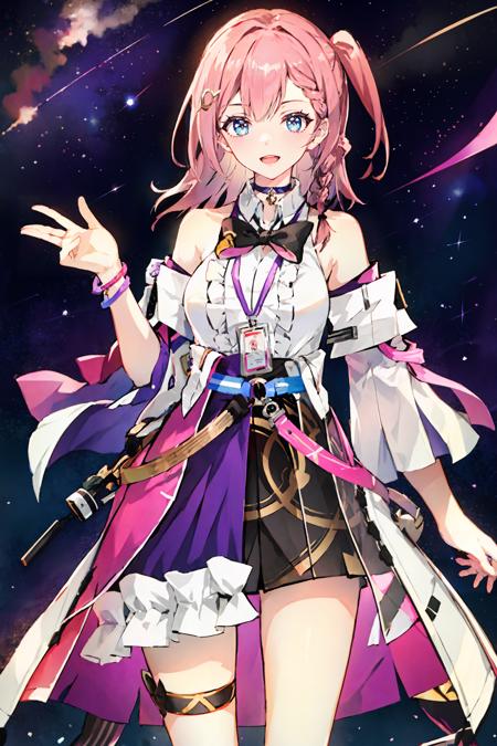 1girl, asta \(honkai: star rail\), detached sleeves, sleeveless shirt, id card, high-waist skirt, overskirt, thigh strap, bracelet, hairpin, belt, bowtie, choker, looking at viewer, starry sky, shooting star, smile, open mouth, hand to own mouth, cowboy shot, standing, masterpiece