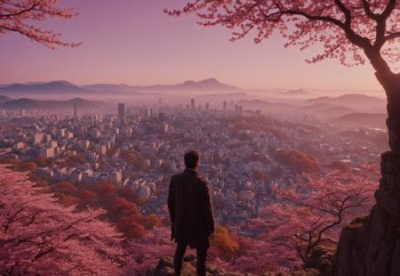 score_9, score_8_up, score_7_up, 
vibrant, ultra realistic, Movie Still, Cinematic Shot, Cinematic Lighting, Cinematic, extremely detailed city, 
detailed, high resolution, 4k, 
dawn, autumn, fantasy city, giant monument in the distance, a man observes the city atop a cliff, sakura trees, vibrant hues, view from above,