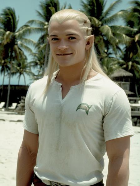 legolas, (posing at the beach:1.2), palm trees the background, (wearing a white t-shirt:1.2), red hair, smiling, sharp, amazing, bokeh, canon dslr, movie still <lyco:legolas_v1.0:1>