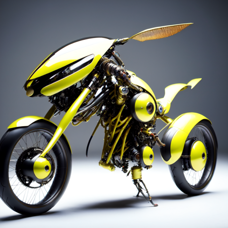 photo, motorcycle that has been designed to look like a robot (InsectBike style:1) <lora:djzInsectBikeV21:1>