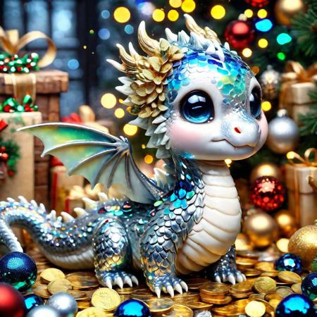 blue shards ral-smoldragons siting next to a pile of (gold coins) (silver coins) (colorful crystal gems), under a Christmas tree, highly detailed clean, beautiful detailed intricate, 8K,