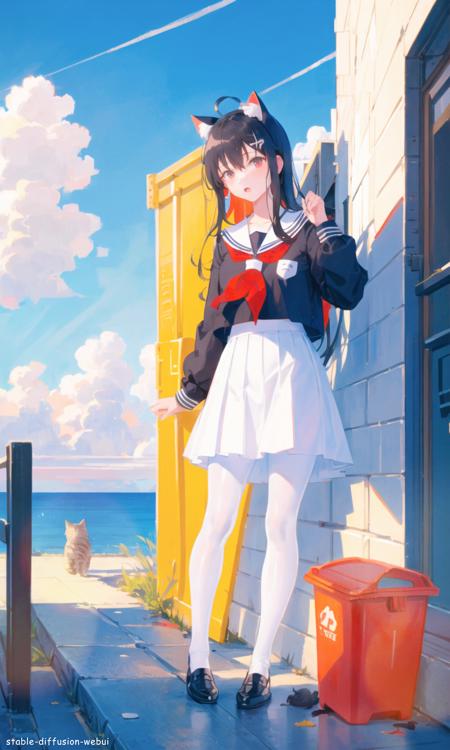 ((masterpiece, best quality)),(Fisheye lens),a girl, solo, skirt, sky, sitting, pantyhose, serafuku, cloud                                                                                  ,outdoors, neckerchief ,day, bangs, fence, shirt, ahoge, rooftop, long hair, white pantyhose, black hair, school uniform, white sailor collar, red eyes, sailor collar, blue skirt, red neckerchief, blue serafuku, animal ears, blue sky, long sleeves, blue shirt, looking at viewer, closed mouth,cat ears, pleated skirt, cloudy sky, trash can,