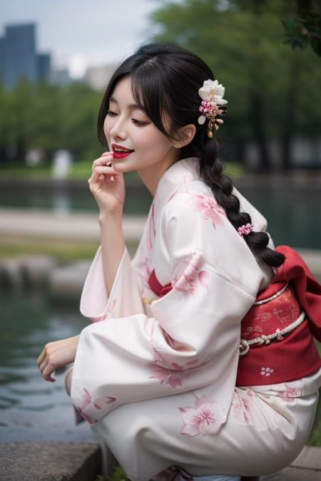 ultra-detailed,highly detailed,best quality,masterpiece,illustration,realistic,
kimono, 1girl, solo, japanese clothes, closed eyes, kimono, blonde hair, hair ornament, flower, outdoors, white kimono, realistic, red lips, hair flower, floral print, blurry background, water, blurry, squatting, wide sleeves, lips, smile, long sleeves, teeth, makeup, lipstick, open mouth, rock, yukata, bangs, day, from side, parted lips, eyelashes, long hair, print kimono, nose, depth of field, braid,
<lora:kimono_v1_03:0.7>