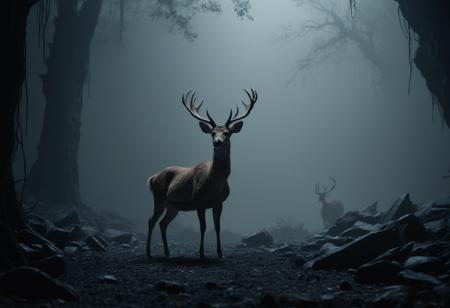 RAW photo, A beautiful deer in front of a large dark cavern, surrounded by a post-apocalyptic forest, fog, (8k uhd:1,4), dslr, Depth of field, dynamic lights  <lora:JuggerCineXL2:1>