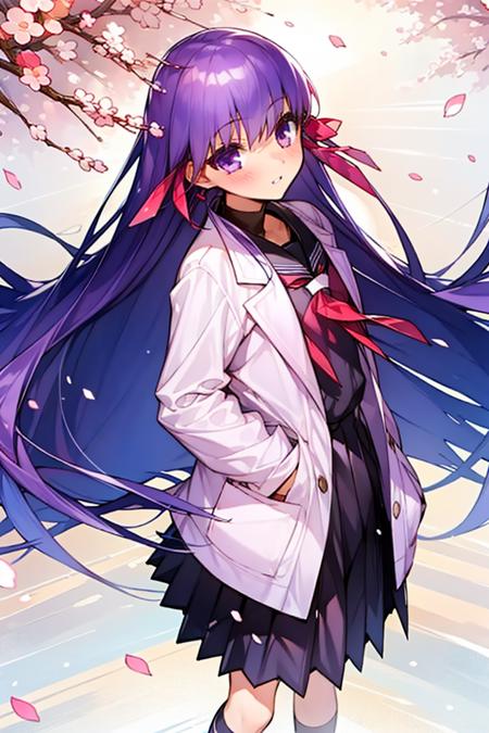 Sakura Sakura, 1girl, solo, purple hair, long hair, purple eyes, matou sakura, ribbon, hair ribbon, looking at viewer, school uniform, bow,