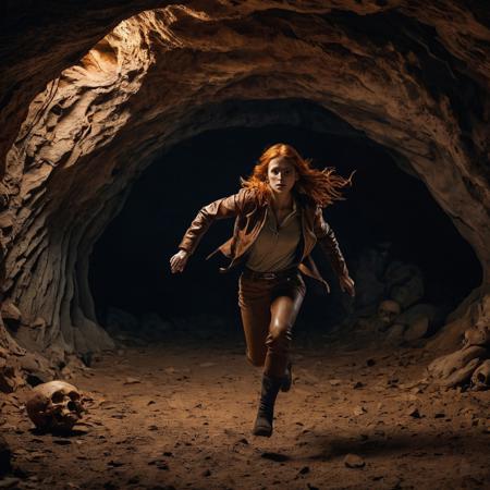 Woman running towards the camera, inside a dark cave. A giant rocky sphere is behind her.
She's wearing a brown fedora, brown leather jacket, baggy pants.  There are lots of skulls and bones on the ground.
She has a worried look on her face.  She has long flowing orange hair.
A leather whip is coiled up on her hip.
