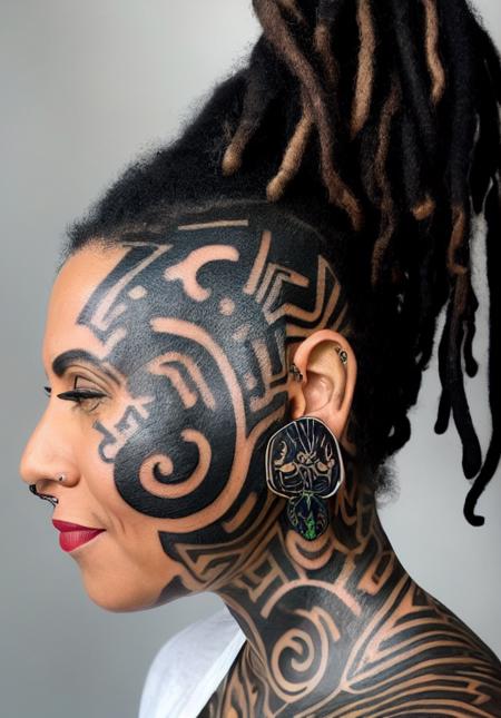 a close up of a person with tattoozfczfc on her face and a woman with dreadlocks in front of her face and a wall, wearing shipibo tattoozfcs, beautiful shape of face and body, double chin, jaguar head tattoozfcdesign, solo, 1girl, black_hair, tattoozfc, earrings, jewelry, portrait, lips, long_hair, realistic <lora:tattoozfczfc_v1.0_10800_lora:1>