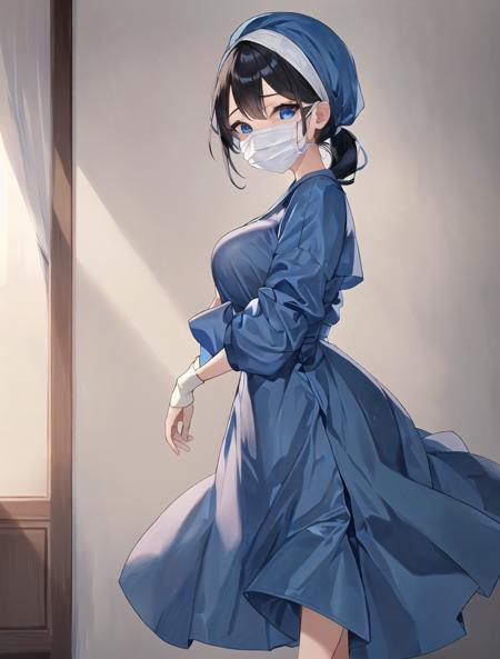 ((masterpiece, best quality, high quality)),1girl, (lower body, hospital), <lora:Surgical uniform:0.9> (surgical_uniform, mask, long sleeves, surgical mask,long dress, latex gloves,hat covering hair, hat,hair cover),  <lora:Kaede Sakata:0.7> (1girl, 3dcg 07, black hair, blue eyes, curtained hair, kaede sakata, low twintails, medium breasts, parted bangs, ponytail, short hair, solo, twintails),