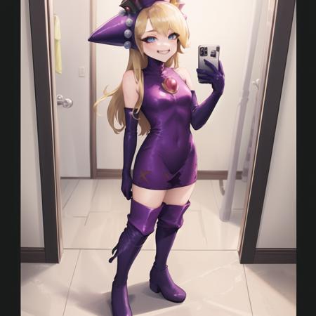 masterpiece, best quality, highly detailed, 1girl, solo,
purple dress, purple headwear, purple elbow gloves, (knee boots:1.4), crown, blonde hair, blue eyes, smirk,
(standing:1.3), (full body:1.3),
<lora:wapeach-23:0.8> (wapeach:1.3)  <lora:pose selfie mirror:1> selfie, mirror, holding phone, indoors, bedroom,