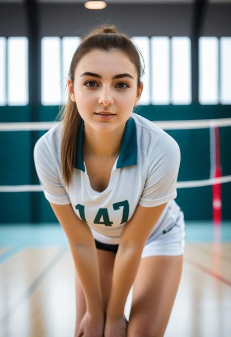 nipslip, bokeh, looking at viewer, beautiful young woman, playing volleyball, in sports uniform, gym