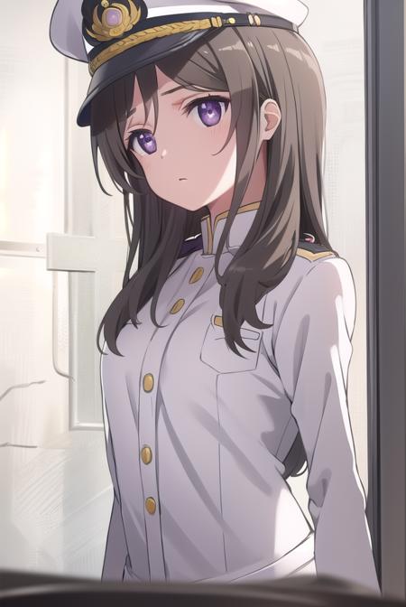 china moeka, long hair, brown hair, (purple eyes:1.1), hair ornament, hat, hairclip, uniform, military, military uniform, peaked cap, naval uniform, (white uniform:1.5),