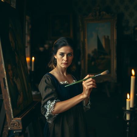Reneissance painter woman painting in her 18th century art studio which is dimly lit by candles. she has determined look and moving her paintbrush across canvas, her studio is full of different finished and unfinished paintings, masterpiece, dramatic light.