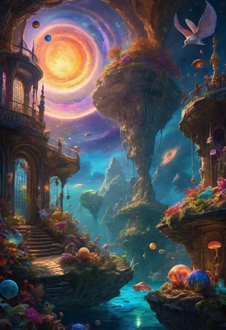 Stunning dreamscape by Justin Gerard's style, capturing the essence of an enchanting celestial body surrounded by floating curiosities bathed in dazzling rays that cast dramatic shadows across its surface for a mesmerizing visual experience. Vivid color spectrum emphasizes the fantastical nature of this otherworldly tableau.