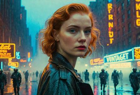 (((wide shot))), book cover of a (Movie Still), vintage return of the cyberpunk army in neon city, raining, cinematic lighting, 4 k, by greg rutkowski, ((wide shot)), (estabilshing shot), city street shot, (full body), ((looking to the right), looking away, ((neon)), (((fog))), volumetric, young ginger woman, curly short hair, pale skin, blue eyes, in dark leather clothes, Aligned eyes,  Iridescent Eyes,  (blush,  eye_wrinkles:0.6),  (goosebumps:0.5),  subsurface scattering,  ((skin pores)),  (detailed skin texture),  (( textured skin)),  realistic dull (skin noise),  visible skin detail,  skin fuzz,  dry skin,  hyperdetailed face,  sharp picture,  sharp detailed,  (((analog grainy photo vintage))),  Rembrandt lighting,  detailed face,  8k resolution, <lora:epiNoiseoffset_v2-pynoise:-1>