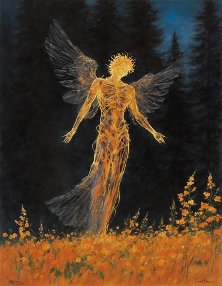 A majestic sculpture of a beautiful gothic x-ray angel, created by artist Frank Auerbach in the style of land art. The sculpture is made of steel and stands over 10 feet tall. It is situated in a field of wildflowers, surrounded by tall trees. The sun is setting in the background, casting a warm orange glow on the sculpture.