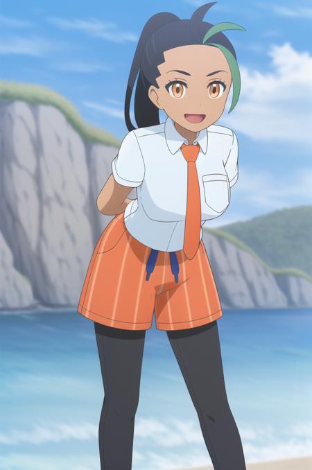 (masterpiece), high quality, (detailed background), 1girl, solo,
<lora:PokemonNemona-v1-05:0.7>, ChopioNemona, black hair, green hair, streaked hair, ponytail, long hair, eyelashes, orange eyes, freckles, (looking at viewer:1.3),
mature female, medium breasts, long legs,
outfit_1, light blue shirt, collared shirt, orange necktie, short sleeves, breast pocket, orange shorts, striped shorts, legwear under shorts, black leggings, red footwear,
beach, ocean, partially submerged, sunny, lens flare, depth of field, blurry background, standing, (straight-on:1.5), facing viewer, leaning leaning forward, arms behind back, happy, smile, open mouth, splashing, rainbow sparkles,