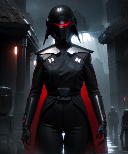 Trilla,
red glow, cape,helmet with red visor,armor,black gloves,bodysuit,black pants,wet,
standing,upper body, 
raining,night,facility,
science fiction,star wars,
(insanely detailed,  masterpiece, best quality),<lora:Trilla-14STWFEv14:1>,