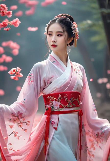 A very beautiful young woman in traditional Chinese clothing, Hanfu, very beautiful, fairy-like, with flower petals floating around, cinematic quality, ultra high quality, 4K, outstanding, detailed, full body shot